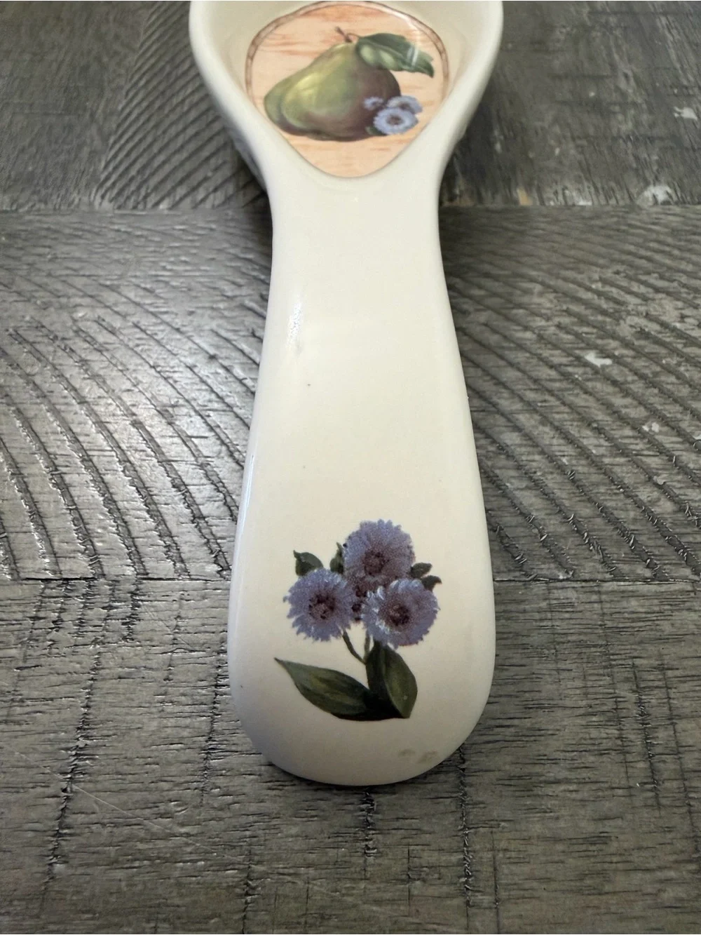 Pamela Gladding Cream Ceramic Spoon Rest with Pear and Floral Motif